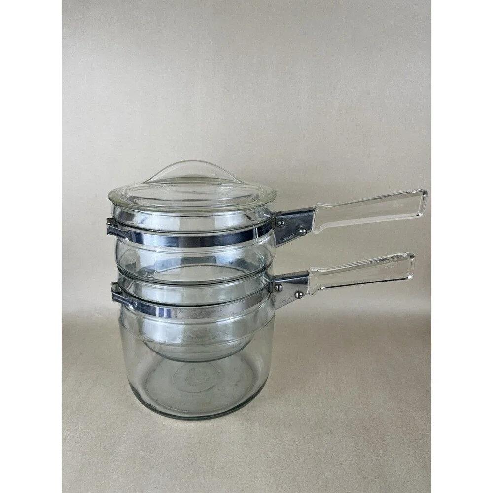 VTG FLAMEWARE PYREX GLASS DOUBLE BOILER 1.5 Qt #6283 Complete 3 Piece‎ Set